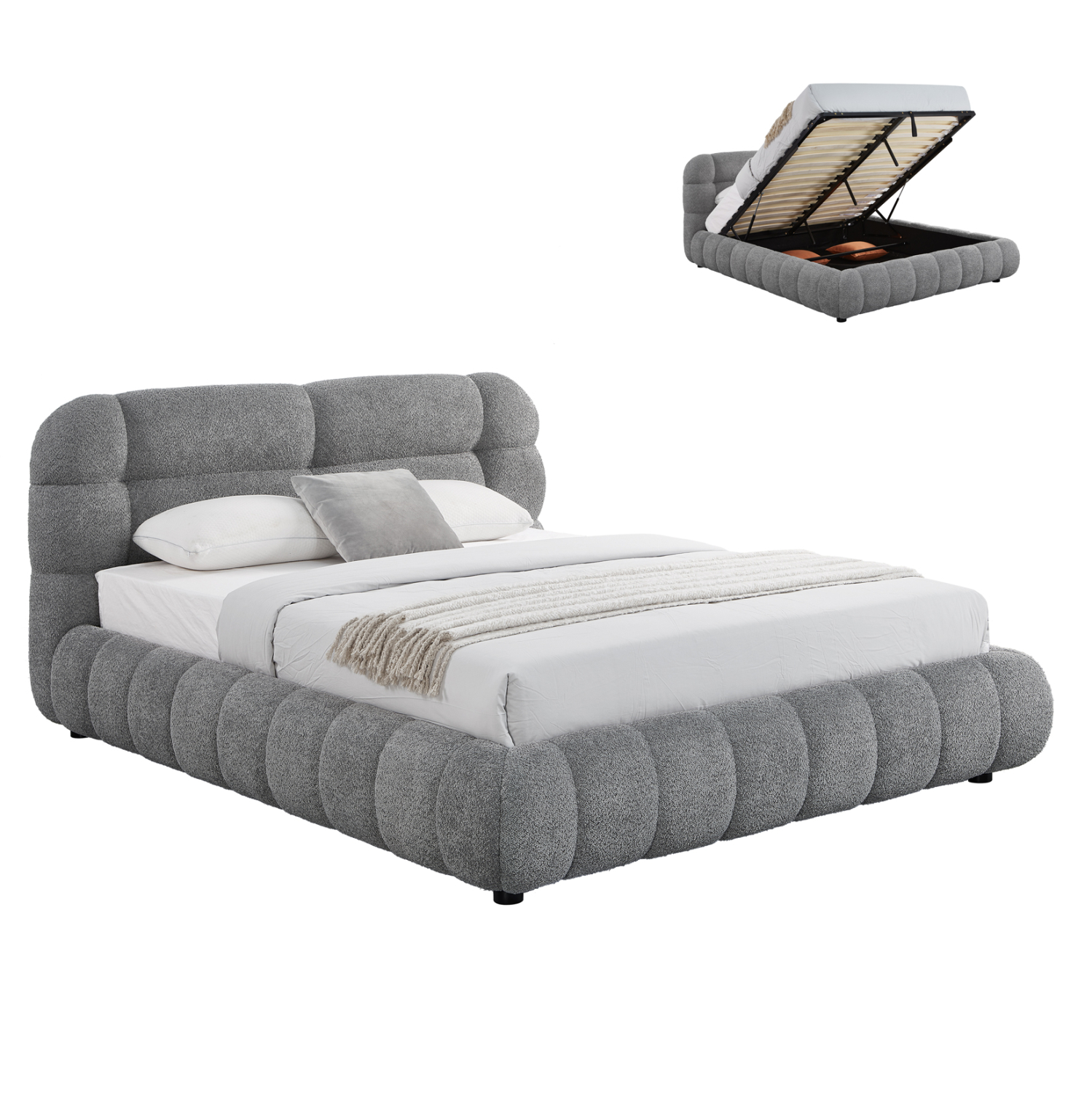 Double Bed With Storage Space Molen Hm730.01 Grey Boucle Fabric